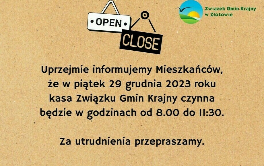 Zdjęcie do Godziny otwarcia kasy ZGKiM w dniu 29.12.2023 r.